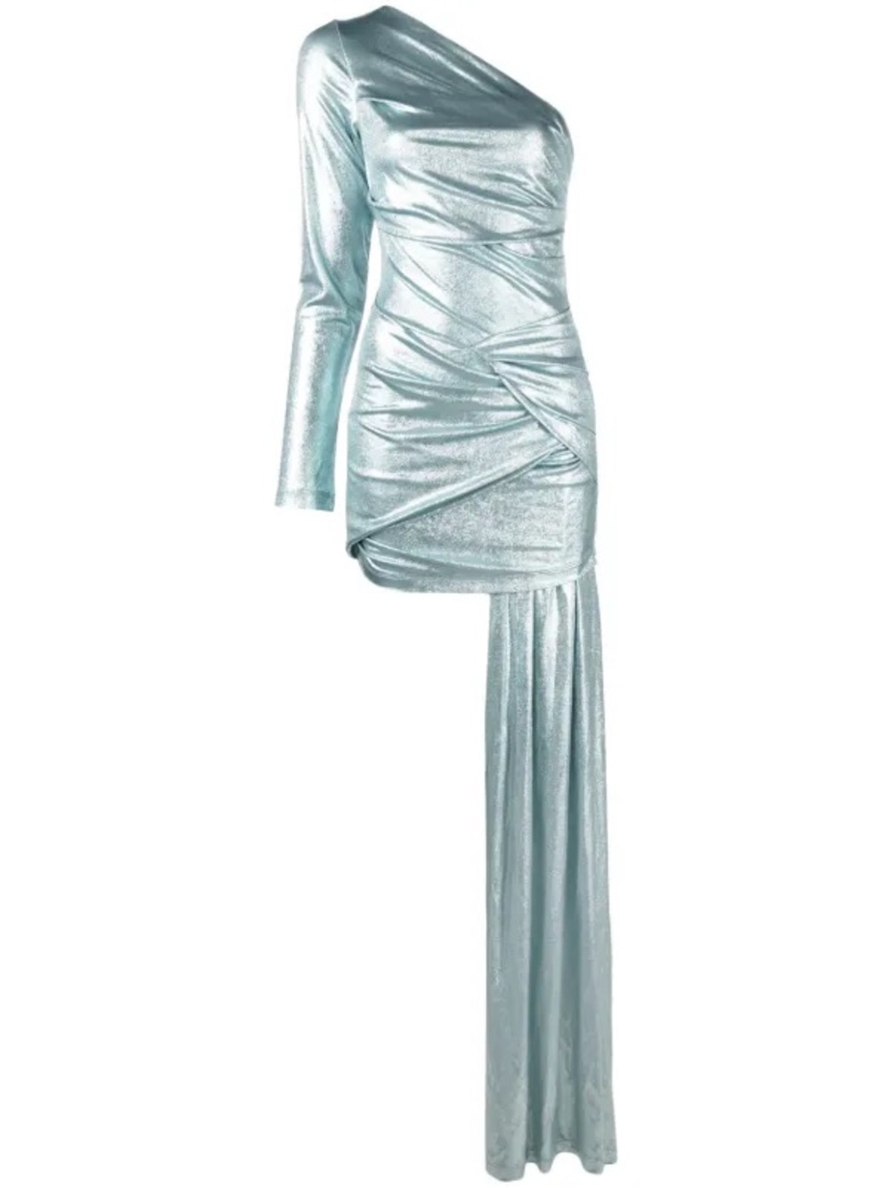 Off-White One-Shoulder Metallic Pale Blue Asymmetric Draped Dress